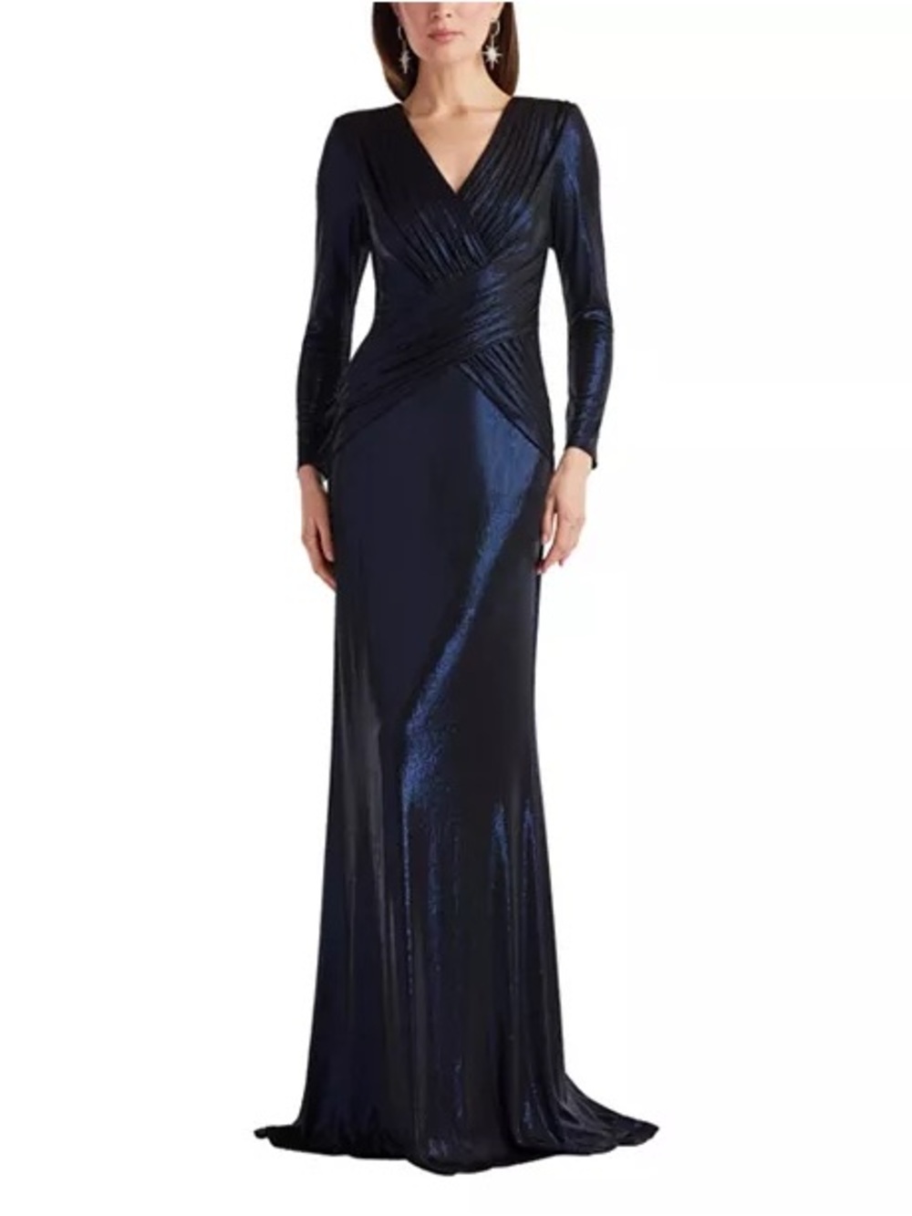 TADASHI SHOJI Esau Metallic Navy Crisscross Draped Gown